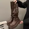 Botas altas de cuero de suela gruesa de dos usos para pantorrilla ancha, plegables, adelgazantes, botas largas, botas de belleza, tacón grueso, botas de caña arrugada Rad