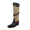 Botas de montar de retazos de cuero y tela para mujer con aumento interno de altura, botas altas de caña larga 5 cm de punta fina, botas hasta la rodilla con bloques de color