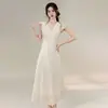 Nuevo vestido largo elegante de verano estilo francés con ribete de encaje para estilizar la cintura con lunares