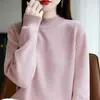 Primavera 2026 Nuevo Estilo Algodón Puro Engrosado Cuello Medio Alto Tejido Estilo Coreano Manga Larga Color Sólido Holgado Versátil Camiseta Básica para Mujer