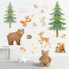 Adesivos de parede de animais da selva em aquarela pintados à mão com esquilos, coelhos, alces e árvores, adequados para quartos de meninos e meninas, autoadesivos