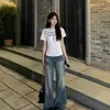 Camiseta de Manga Corta para Mujer de Marca de Moda Callejera Retro Americana, Estilo Verano, Corta de Cintura Alta Ajustada Versátil