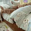 Juego de Cuatro Piezas de Vellón de Leche Clase A Otoño e Invierno Engrosado Coral Cálido Franela Sábana Bajera Sábana Ajustada Juego de Tres Piezas para Dormitorio 3