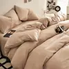 Conjunto de Capa de Colcha de Algodão Lavado Cor Sólida Estilo Japonês Quatro Peças, Conjunto Simples de Cor Lisa para Dormitório Estudantil Cama de Solteiro/Casal Lençol e Capa de Colcha Três Peças