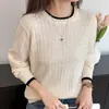 Blusa de tricô de algodão puro com gola redonda e design de trança em cores contrastantes, estilo coreano, versátil, simples e elegante, blusa de tricô feminina de manga longa