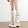 Botas altas de punta estilo coreano con hebilla de cinturón para mujer, estilo western vintage, botas de pierna de pantalón plisada, tacón medio, tubo alto, botas de montar hasta la rodilla