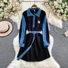 Vestido de Mezclilla Patchwork con Solapas Inspirado en Celebridades para Mujer, Otoño e Invierno, con Cinturón de Corbata, Delgado de Longitud Media, Elegante y Adecuado para el Trabajo