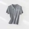 Camiseta de verano para mujer, de punto trenzado de lana y seda, con cuello polo de manga corta, ajuste slim, estilo Old Money vintage, sencilla y cómoda