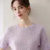 Bai Cai Rong Estilo Nuevo de Otoño para Mujer Cuello Redondo Cachemira Patrón de Diamantes Hueco Manga Corta Holgado Casual Versátil Top