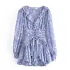 Estilo Europeu e Americano Retrô Decote V com Babados, Cós Floral, Vestido Super Delicado com Barra Grande, Elegante Vestido Curto de Manga Longa