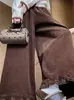 Pantalones de pana gruesos de estilo coreano dulce para otoño e invierno, forrados de forro polar, holgados, adelgazantes, con caída, suaves, con volantes y pierna ancha para mujer