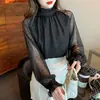 Camisa de gasa negra para mujer con un elegante cuello mao y diseño de malla de encaje, top básico estilo Hong Kong vintage para primavera/otoño 2026