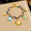Moda Coreana Cuerda Trenzada de Colores Dopamina Cruz Dorada Rostro Sol Azul Turquesa Flor Colgante Pulsera