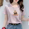 Ropa de Verano de Estilo Coreano con Rayas para Mujeres Tallas Grandes, Camisetas Sueltas de Manga Corta que Cubren la Barriga, Hacen Lucir Más Delgada, Reducen la Edad y Son Versátiles
