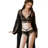 Lencería sexy Guiruo conjunto de tres piezas de encaje transparente y caliente: sujetador, bragas, bata con cordones, conjunto de deseo puro para mujer 5945