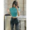 Atacado Transfronteiriço Camiseta Retro de Meia-Gola de Manga Curta para Meninas Quentes com Barriga de Fora, Top Básico Justo Sexy Elegante