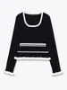 Suéter de Tricô Feminino Gola Quadrada Listrado com Babados Stretch Color Block Manga Longa Casual Fino 2026 Nova Coleção Primavera