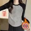 Camiseta Térmica Raglan de Manga Longa Quente Outono/Inverno para Mulheres com Design de Barra Curva e Patchwork de Cores Contrastantes