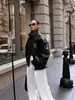 Chaqueta corta de cuero PU de estilo europeo y americano con cuello alto, talla grande, para mujer, estilo callejero casual holgado, versátil estilo motero