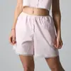 Calça de Algodão Casual para Casa Estilo Americano Listrada Azul e Branca Renda com Laço na Barra Botão Três Botões Shorts Shorts para Casa