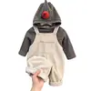 Colección de otoño de la marca auténtica Lemon: Lindo y elegante mono estilo coreano, camiseta de rayas debajo y sudadera con capucha - un conjunto de dos piezas de moda para niños y niñas