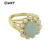 MPR082 exquisito y generoso gema natural amatista forma de gota borde de perla artificial chapado en oro de 18 quilates anillo de fiesta