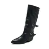Botas de couro estilosas com fivelas duplas, botas longas versáteis de salto anabela femininas para o verão, botas com salto bloco, novo modelo 2026