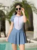Traje de baño de una pieza estilo falda para niñas de 8 a 15 años, manga corta, protección solar, con cierre, venta al por mayor para estudiantes y niños