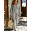 Vestido Longo Listrado de Algodão com Decote em V Soltinho Estilo Verão para Férias Vestido Feminino Cruzado Lançamento
