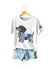 2026 Nuevo Estilo Europeo y Americano Transfronterizo Estampado 3D Estilo Mezclilla Patrón de Perro Mascota Cuello Redondo Manga Corta Casual Holgado para Mujer