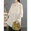 Blusa bordada de algodão e linho estilo chinês, nova coleção de verão feminina, corte solto, mangas de três quartos, gola mandarim, comprimento médio