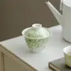 Mingzhishan Zhi Yuni Ci Yuzhi Muyan Gaiwan, Tigela de Chá de Parede Fina com Flor de Glicínia Pintada à Mão, Conjunto de Chá Kung Fu com Tampa