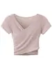 Ropa de yoga para mujer con escote en V de dobladillo cruzado, mangas cortas, diseño de fruncido lateral, copas fijas en el pecho que no se mueven, alta elasticidad y sin restricciones