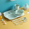 Conjunto de Pratos de Palha de Trigo Utensílios de Mesa Infantis Japoneses Prato Dividido para Estudantes Tigela de Arroz Copo de Água Conjunto de Colher, Garfo e Hashi