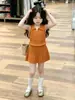 Conjunto de Tricô Laranja Vazado com Gola para Meninas Estilo Coreano Verão 2026