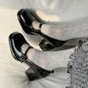 Estável e antiderrapante, salto alto de 8 cm de espessura, Mary Jane 2024, couro de vaca, bico redondo, couro legítimo, sola grossa, sapatos baixos para mulheres