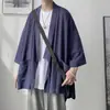 Camisa de Verano de Siete Mangas para Hombre Holgada Delgada Color Sólido Estilo Hong Kong Tendencia Ins Bolsillo Grande Manga Corta Camisa para Hombre Moda