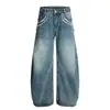 Jeans Silhueta Lavado Retrô Americano com Bigodes para Homens e Mulheres, Verão Solto Casual Calça Scimitar Wide-Leg Comprimento Total Tendência