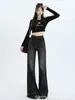 Jeans Feminino de Outono com Borda de Pelo Preto e Chifre Micro Estilo Americano Street Slimming Perna Reta Perna Larga Calça Longa Tendência