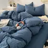 Nuevo Estilo Coreano Ins Color Puro Doble Cepillado Algodón Lavado Juego de Cuatro Piezas Ropa de Cama Funda Nórdica Ropa de Cama Colchón Dormitorio Estudiante