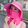 Chapéu de Sol Removível para Mulheres Verão Estilo Coreano Chapéu de Topo Vazio Aba Larga Anti-UV Chapéu de Sol para Ciclismo Chapéu com Máscara Facial