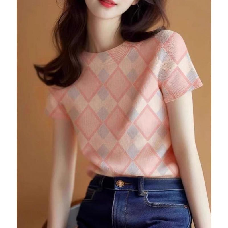 欧洲站高档新款设计感小众时尚气质夏装正肩针织冰丝短袖T恤女潮