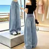 Jeans Retrô Americano Bordado Faca Curva Feminino Outono Cintura Alta Perna Larga Solto Emagrecimento Pessoa Alta Calças Extra Longas Comprimento Total