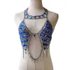 Nova moda de joias de verão transfronteiriça europeia e americana, corrente de peito azul sexy de acrílico, corrente corporal de sutiã de cristal para praia