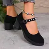 Zapatos Mary Jane de Gamuza con Correa Única, Tacón Grueso y Punta Redonda, Estilo Nuevo Invierno 2025, con Abalorios, Directo del Fabricante para Exportación, Zapatos para Mujer Transfronterizos