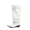 Botas de montar de diseño único con punta fina y hebilla para mujer, modelo 2026, botas altas de tacón grueso, botas largas de cuero genuino plisado