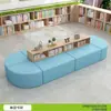 Estante de biblioteca escolar sofá combinação curva criativa modelo, estante de leitura de formato único área de armazenamento área de descanso banco longo