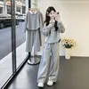 Conjunto de Moda para Niñas Primavera y Otoño Nuevo Estilo Coreano Estilo Perezoso Top de Manga Larga con Solapa Pantalones Casuales de Pierna Ancha Conjunto de Dos Piezas