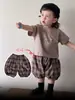 Conjunto de Algodão Puro Classe A para Meninos no Verão, Conjunto Casual Estilo Coreano para Meninos, Calça Xadrez para Crianças Pequenas, Conjunto de Peças 0,05kg, Estilo Verão