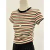 Boa malha algodão puro hot girl T-shirt listrada retrô de manga curta slim fit estilo coreano camada base top desejo puro listras azuis verão